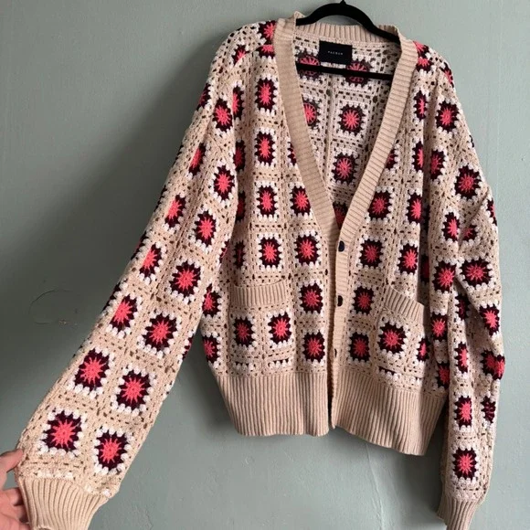 PacSun Womens Large Crochet Granny Square Cardigan Pink Tan Cotton Knit Sweater - Picture 1 of 13
